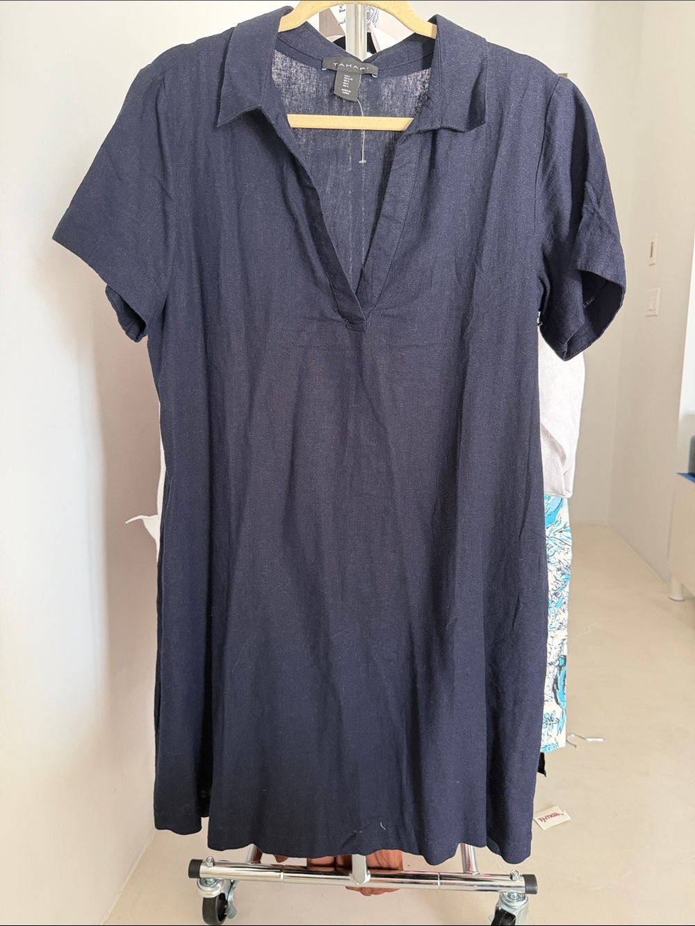 Tahari Navy Short-Sleeve V-Neck Dress